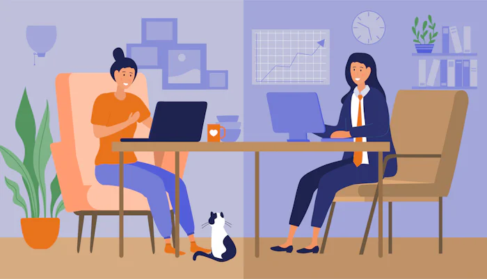 Illustration of a woman working at home on one half of the picture, on the half of the picture she's working in an office.