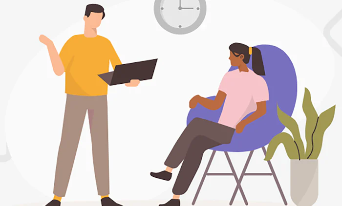Illustration of a woman sitting on a chair while a man talks to her holding a laptop. A clock is on the wall in the background indicating time management.