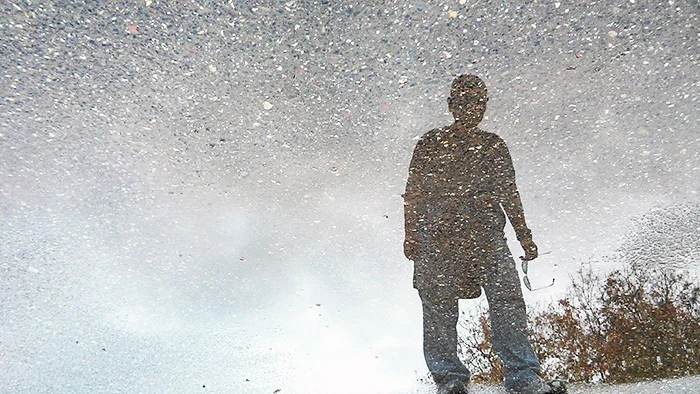 A person walking through the snow.