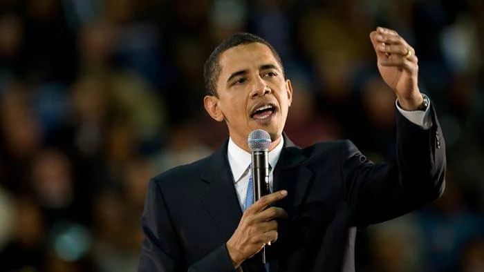 Barack Obama giving a speech. 