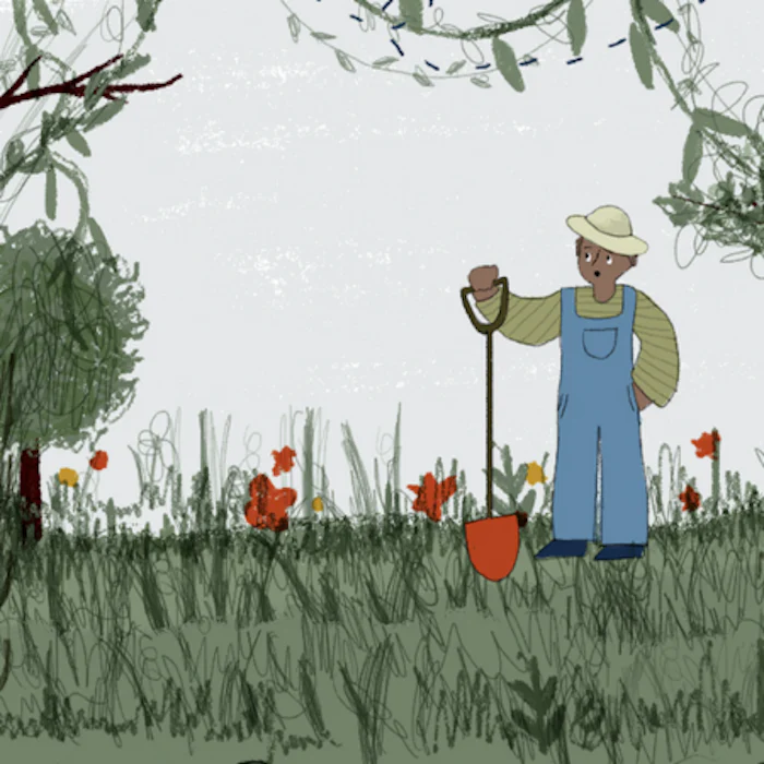 Illustrated gardener standing with shovel looks surprised at their overgrown garden.