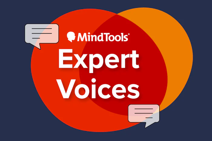 White text saying "Mind Tools Expert Voices" is positioned on top of red and orange circles, against a dark blue background, with comment block icons places around the text.
